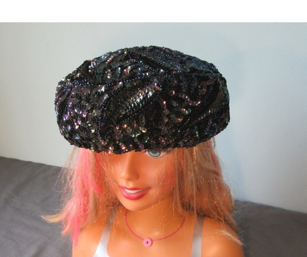 Vintage Jille Original Black Multicolor Sequenced Pill Box Hat USA